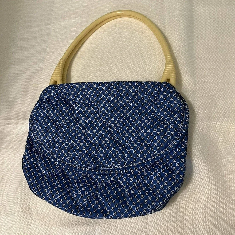 Vintage 60’s-70’s BOHO Blue Beige Quilted Handbag Purse Lucite Top Handles